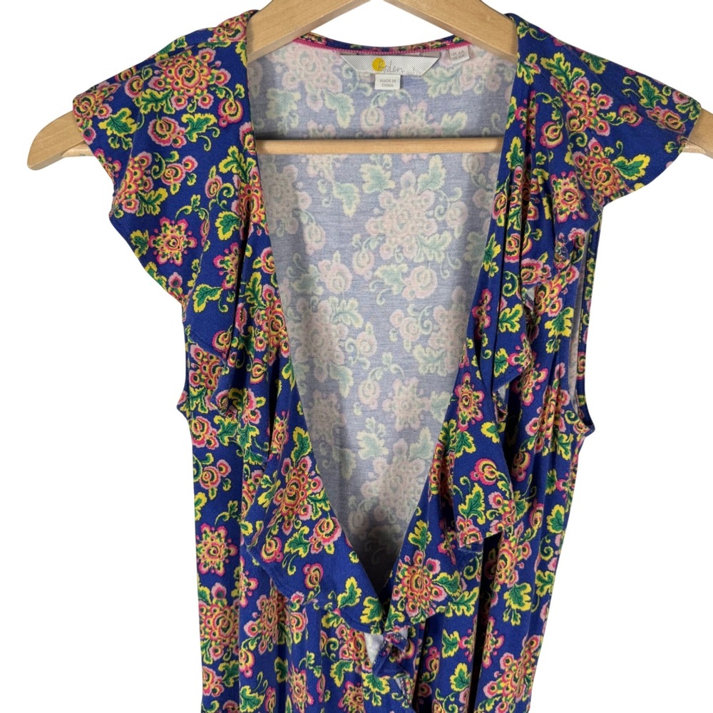 Boden Saskia Wrap Midi Dress Womens 2 Blue Medallion Floral Midi Ruffle Jersey - Picture 9 of 9